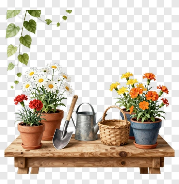 Flower Pots On A Wooden Table PNG