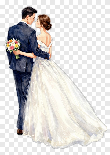 Couple In Wedding Attire Holding A Bouquet PNG
