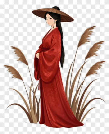 Woman In Red Kimono Standing Among Tall Grass PNG