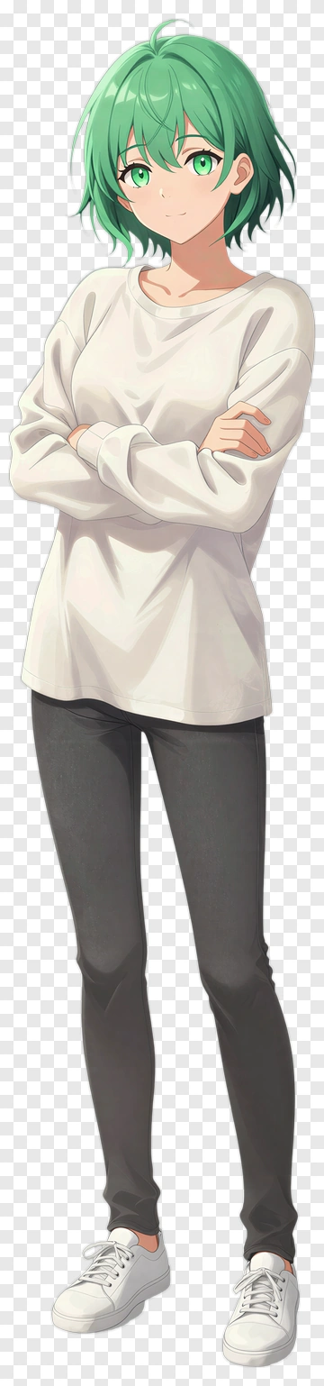 Anime Character With Green Hair And Casual Outfit PNG