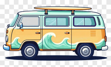 Cartoon Surf Van With Waves And Surfboard PNG