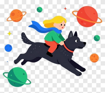 Girl Riding A Black Dog In Space PNG