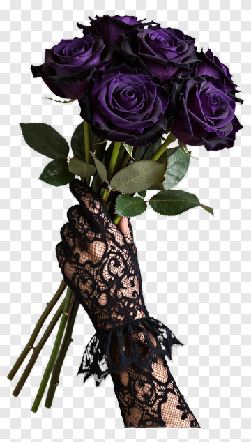 Black Lace Glove Holding A Bouquet Of Purple Roses PNG