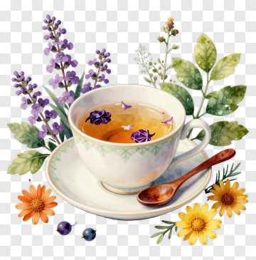 Tea Cup With Flowers And Leaves PNG