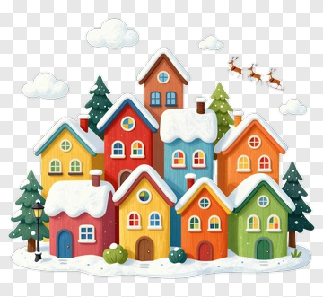 Colorful Winter Village With Snow-Covered Houses PNG