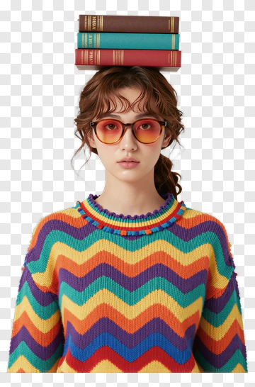 Woman Wearing Colorful Sweater With Books On Head PNG