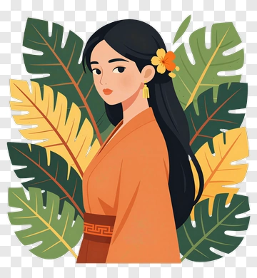 Woman In Orange Kimono With Tropical Leaves PNG
