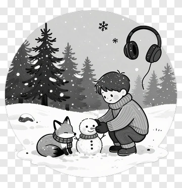 Boy Building A Snowman With A Fox In Winter PNG