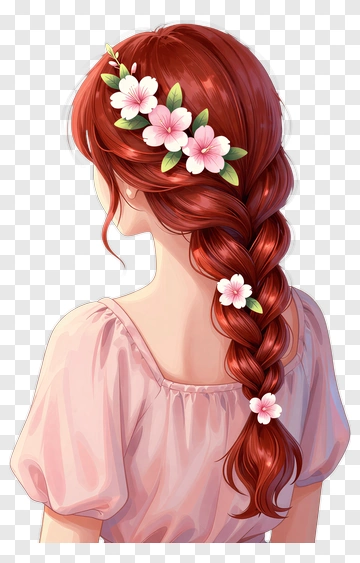 Girl With Long Red Hair And Floral Braid PNG