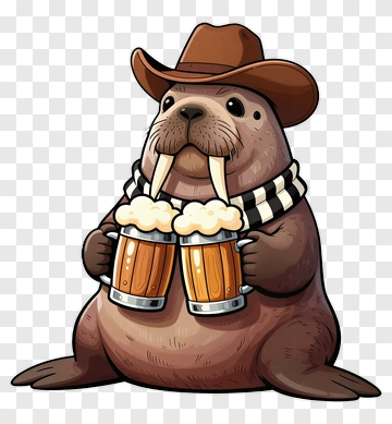 Cartoon Walrus Holding Two Beer Mugs PNG