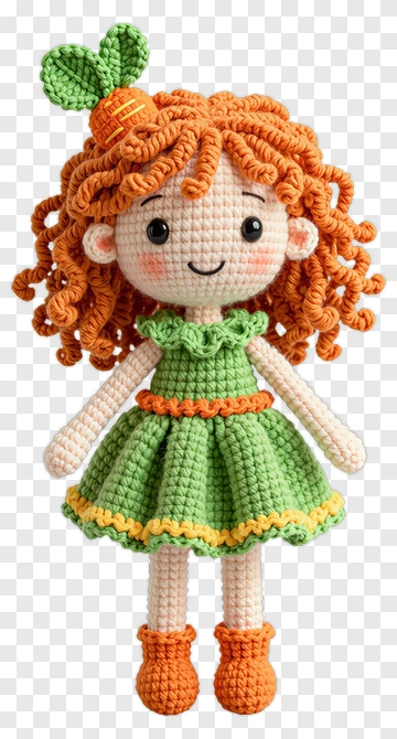 Crochet Doll With Orange Hair And Green Dress PNG