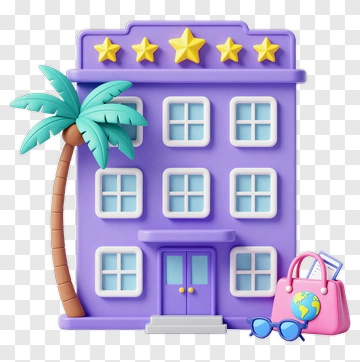 3D Hotel Building With Palm Tree And Travel Accessories PNG