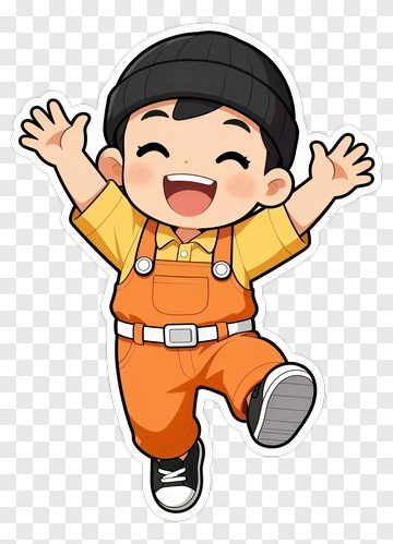 Happy Cartoon Child In Orange Overalls PNG