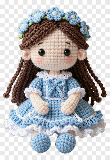 Crochet Doll With Blue Dress And Flower Crown PNG