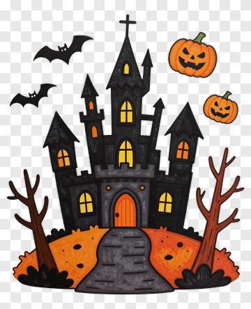 Halloween Castle With Pumpkins And Bats PNG