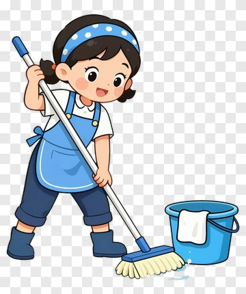 Cartoon Girl Cleaning With A Mop PNG