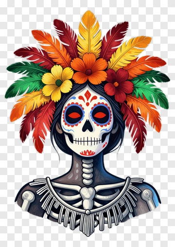 Colorful Skeleton Woman With Floral Headdress PNG