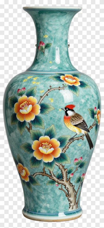 Decorative Vase With Bird And Floral Design PNG