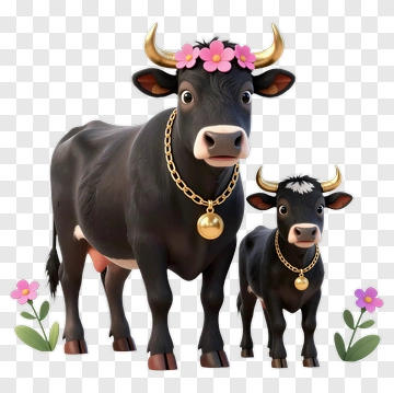 Cartoon Cows With Floral Accessories PNG
