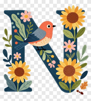 Colorful Letter N With Bird And Flowers PNG