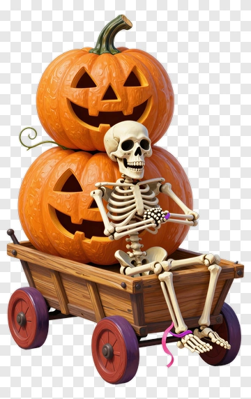 Skeleton Sitting In A Wagon With Halloween Pumpkins PNG
