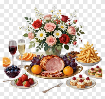 Festive Dinner Table With Flowers And Assorted Dishes PNG