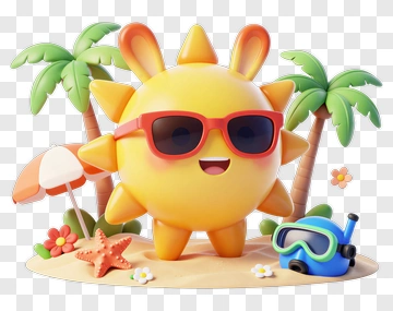 Cartoon Sun With Sunglasses On The Beach PNG