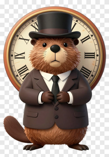 Cartoon Beaver In A Suit With A Clock Background PNG