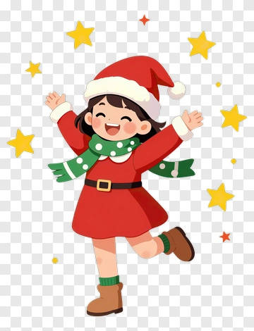 Happy Girl In A Christmas Outfit With Stars PNG