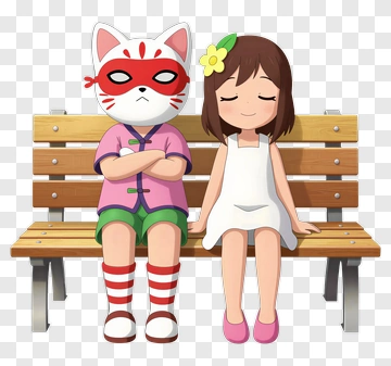 Cartoon Girl Sitting Next To A Cat Character On A Bench PNG