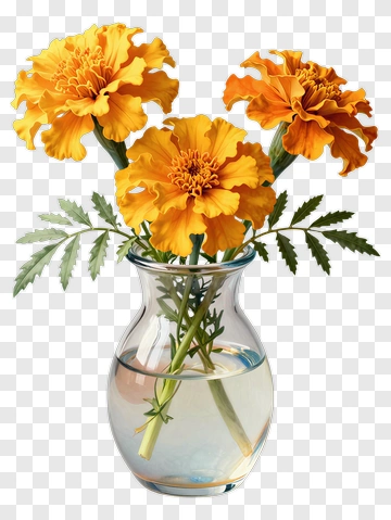 Marigold Flowers In A Glass Vase PNG