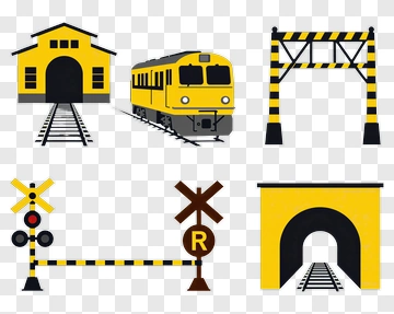 Train Station Elements With Yellow Train And Rail Infrastructure PNG