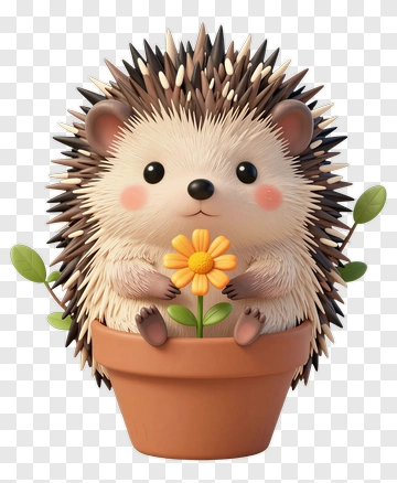 Cute Hedgehog Holding A Flower In A Pot PNG