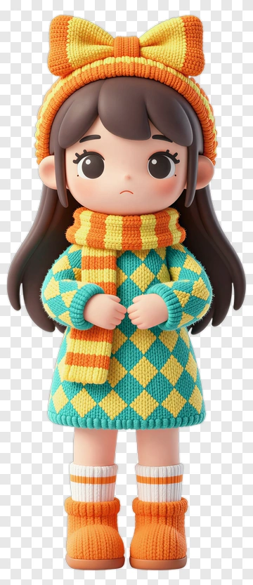 3D Girl In Colorful Sweater And Scarf PNG