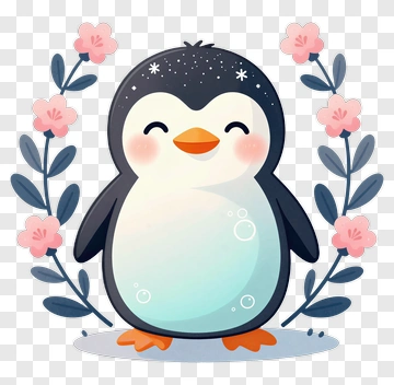 Cartoon Penguin Surrounded By Flowers PNG