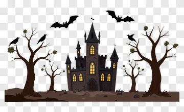Haunted Castle With Bats And Creepy Trees PNG