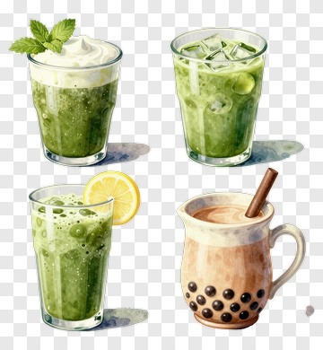 Variety Of Green Beverages In Glasses PNG