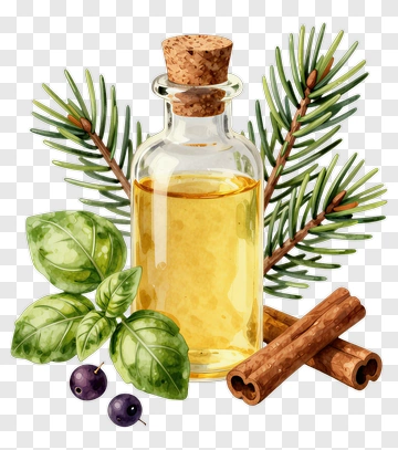 Glass Bottle Of Essential Oil With Herbs And Cinnamon Sticks PNG