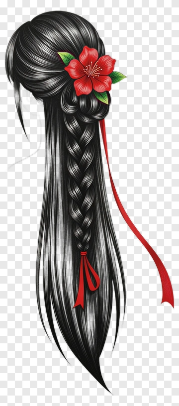 Long Black Hair With Red Flower And Ribbon PNG