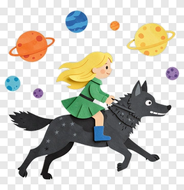 Girl Riding A Black Wolf In Space PNG