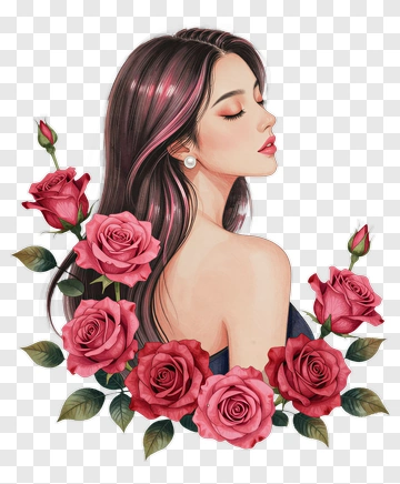 Woman With Pink Roses PNG