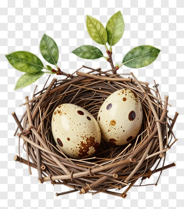 Nest With Two Speckled Eggs And Green Leaves PNG