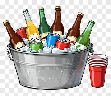 Ice Bucket Filled With Beverages And Red Cups PNG