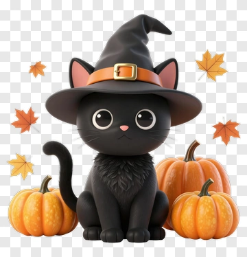 Cartoon Black Cat Wearing A Witch Hat With Pumpkins PNG