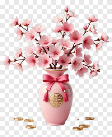 Pink Cherry Blossom Vase With Decorative Coins PNG
