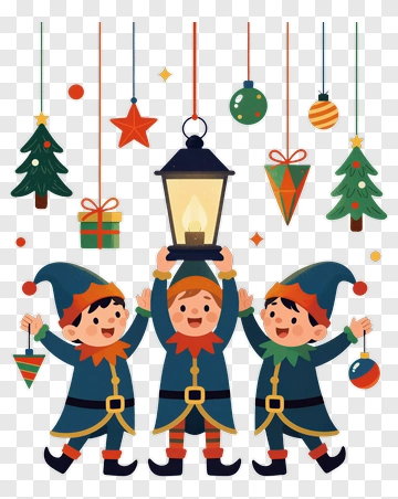 Cartoon Elves Holding A Lantern With Christmas Decorations PNG