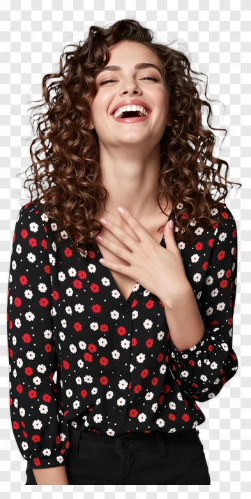 Smiling Woman In Floral Blouse PNG