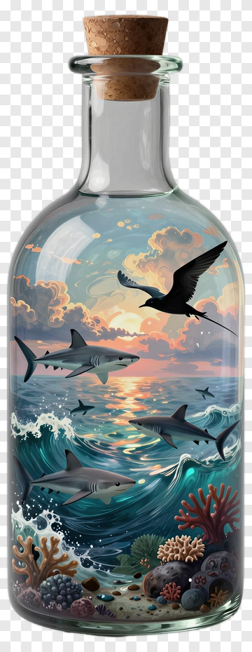 Bottle With Ocean Scene Featuring Sharks And Coral PNG