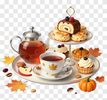 Autumn Tea Set With Pastries And Pumpkin PNG