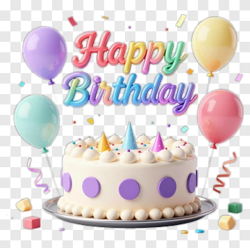 Birthday Cake With Happy Birthday Text And Balloons PNG